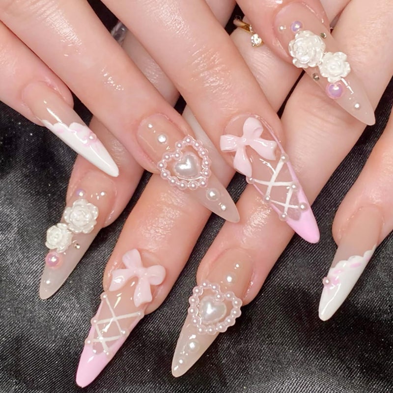 ASABITE 24 Pcs Almond Press on Nails Long Fake Nails with 3D Flower Bow French Tip False Nails with Cute Pearl Design Stiletto Nail Tips Glossy Glue on Nails Reusable Full Cover Stick on Nails for Women - Image 1